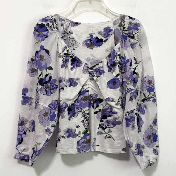 Anthropologie Blouse S V Neck Ruched Purple Floral Ballon Sleeve Boho Summer Top - Picture 1 of 11